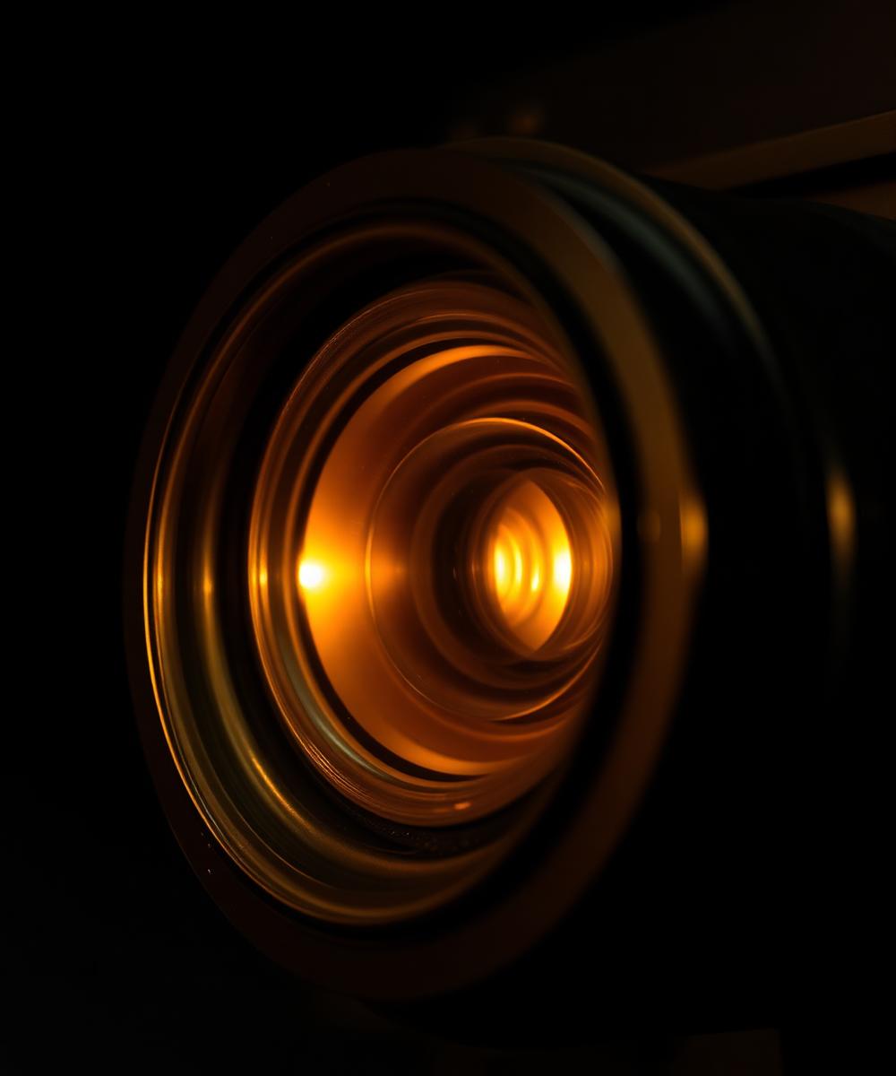 Vintage brass film projector lens catching warm light